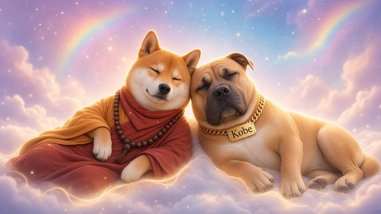 DogeDharma in an orange-and-maroon monk robe with a red scarf and wooden mala beads, and Kobe, with his light chest and gold Kobe nameplate, resting peacefully on soft cloud mats with a gentle glow along their bodies under a dreamy sky of rainbows and stars.