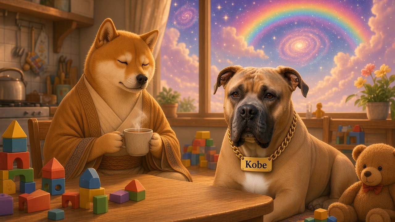 DogeDharma in a golden robe, eyes closed, holding a warm cup at a cozy kitchen table, while Kobe, with his white chest patch and gold Kobe nameplate, rests beside toy blocks and a teddy bear under a dreamy window of rainbow clouds and stars.