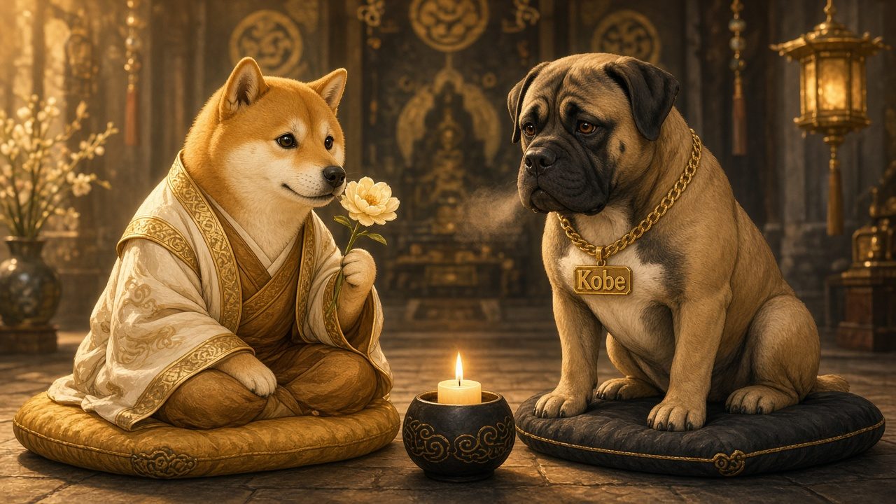 Doge smells a flower and Kobe blows gently toward a candle in a golden temple.
