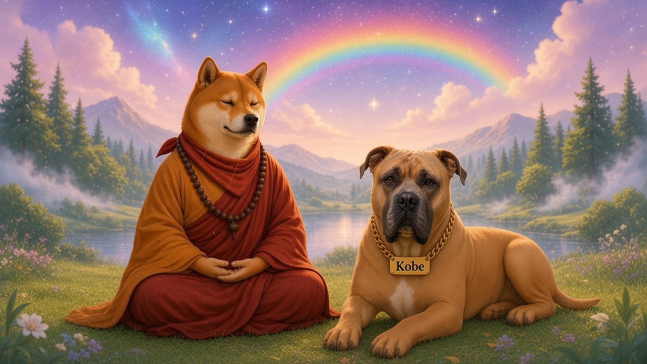 DogeDharma in einer orange-bordeauxroten Mönchsrobe mit rotem Schal und Holz-Mala meditiert auf einer Wiese im Alpenvorland, neben ihm Kobe mit weißem Brustfleck und goldenem Namensschild, unter einem kosmischen Sternenhimmel mit Regenbogen.