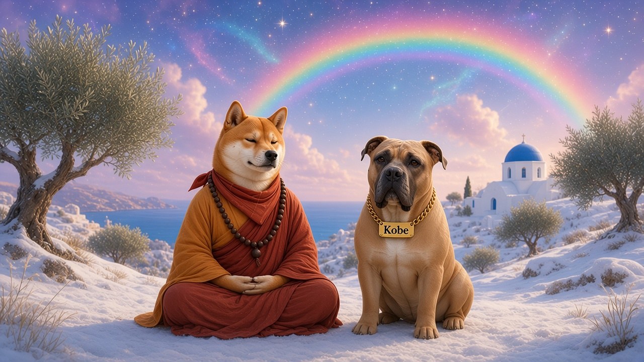 Ο DogeDharma, με πορτοκαλί και μπορντό ράσο, κόκκινο φουλάρι και ξύλινο κομποσκοίνι, διαλογίζεται σε μια λευκή πλαγιά ανάμεσα σε ελιές, με θέα το Αιγαίο, δίπλα στον Kobe με το χρυσό ταμπελάκι με το όνομά του, κάτω από έναν κοσμικό ουρανό με ουράνιο τόξο.