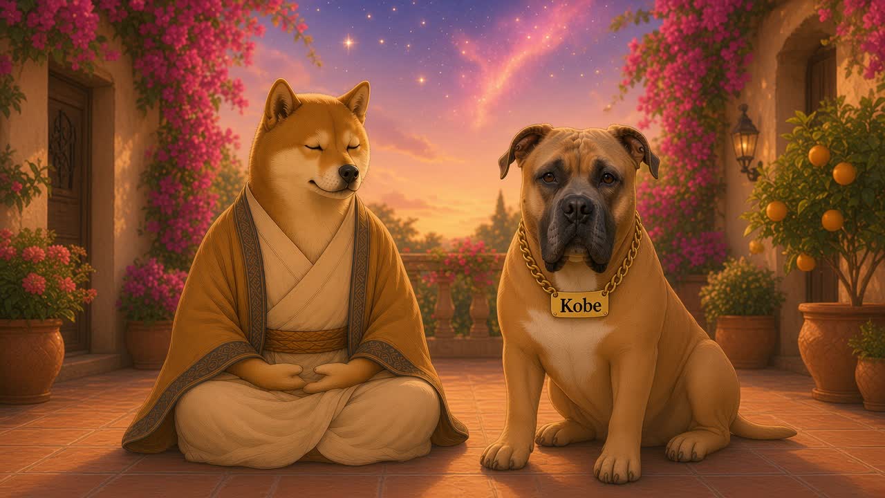 DogeDharma medita en una terraza con buganvillas y naranjos al atardecer, junto a Kobe, bajo un cielo cósmico de tonos rosa y violeta.
