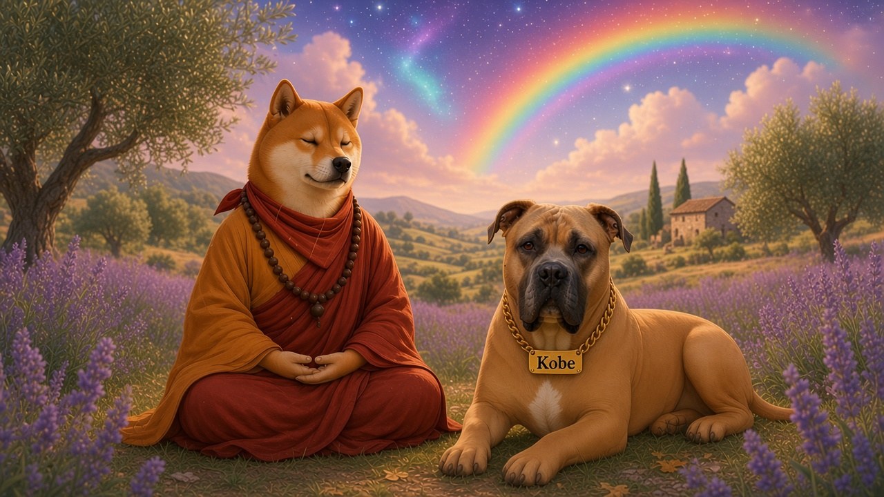 DogeDharma, vêtu d'une robe de moine orange et bordeaux, médite au bord d'un champ de lavande dans la campagne française, à côté de Kobe et de sa médaille dorée à son nom, sous un ciel cosmique traversé d'un arc-en-ciel.