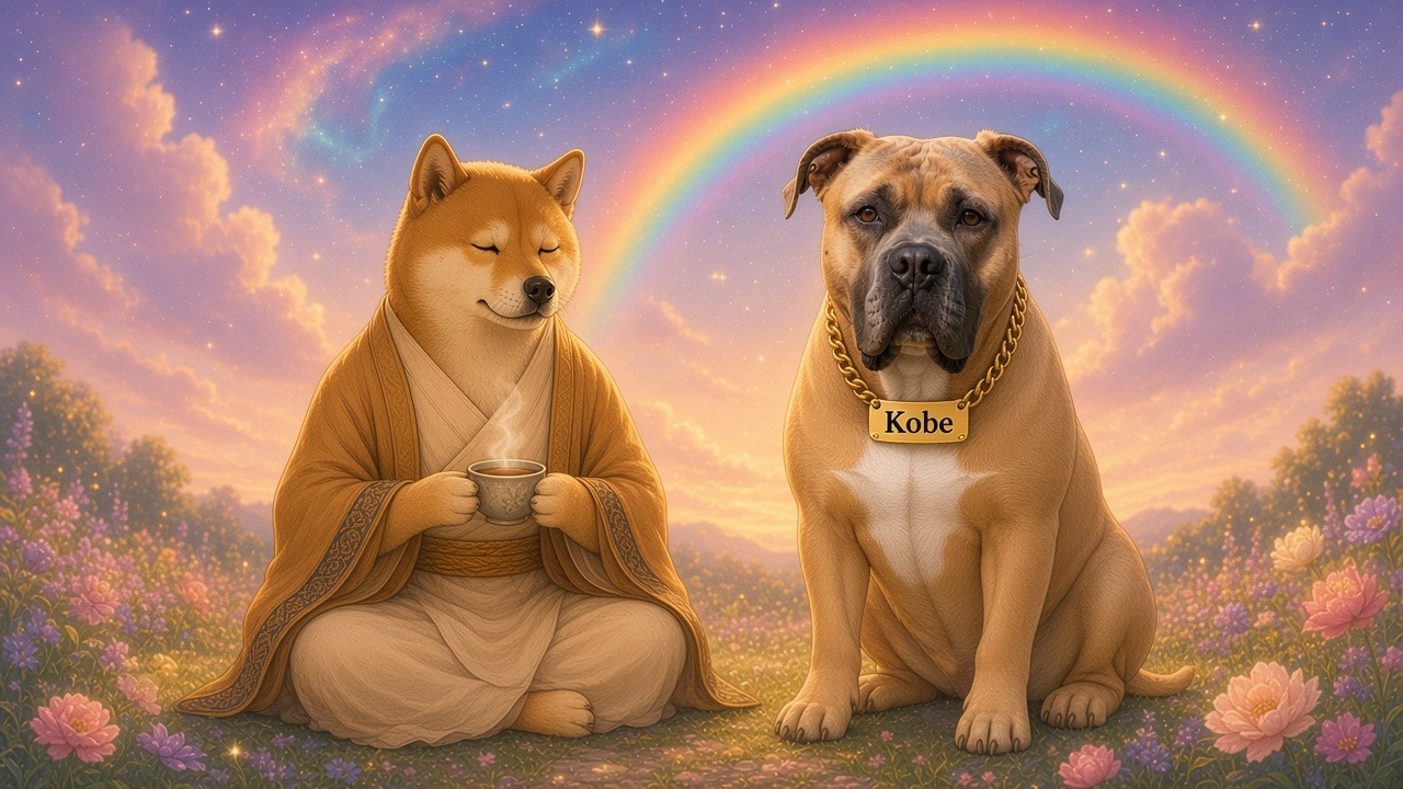 DogeDharma in a golden robe meditating with a warm cup of tea beside Kobe, who sits with his white chest patch and gold Kobe nameplate, on a flowery hilltop under a dreamy rainbow and starry cosmic sky.