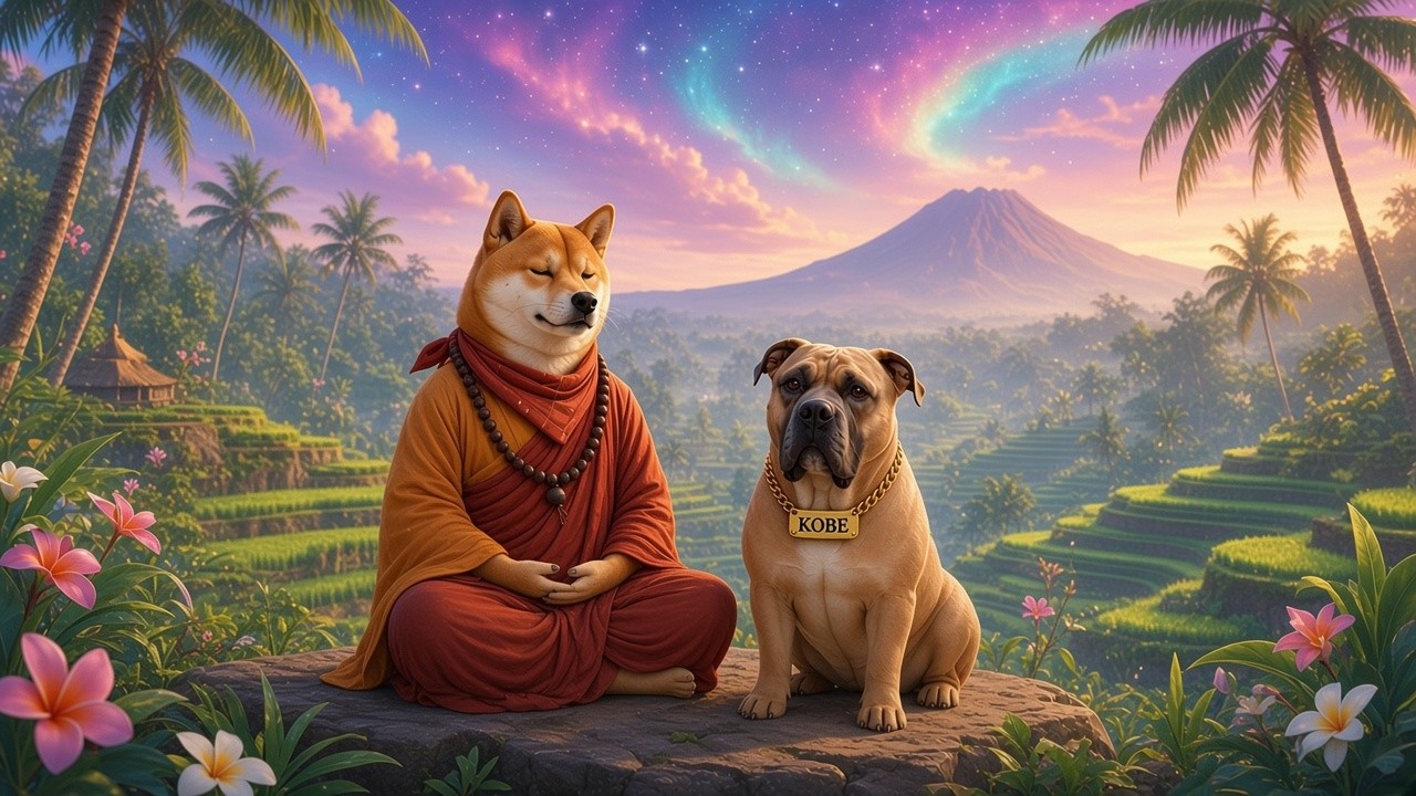 DogeDharma, dengan jubah biksu oranye-marun dan syal merah, bermeditasi dengan mata terpejam di atas batu menghadap sawah bertingkat dan siluet gunung, di samping Kobe dengan papan nama emasnya, di bawah langit kosmis berwarna-warni.