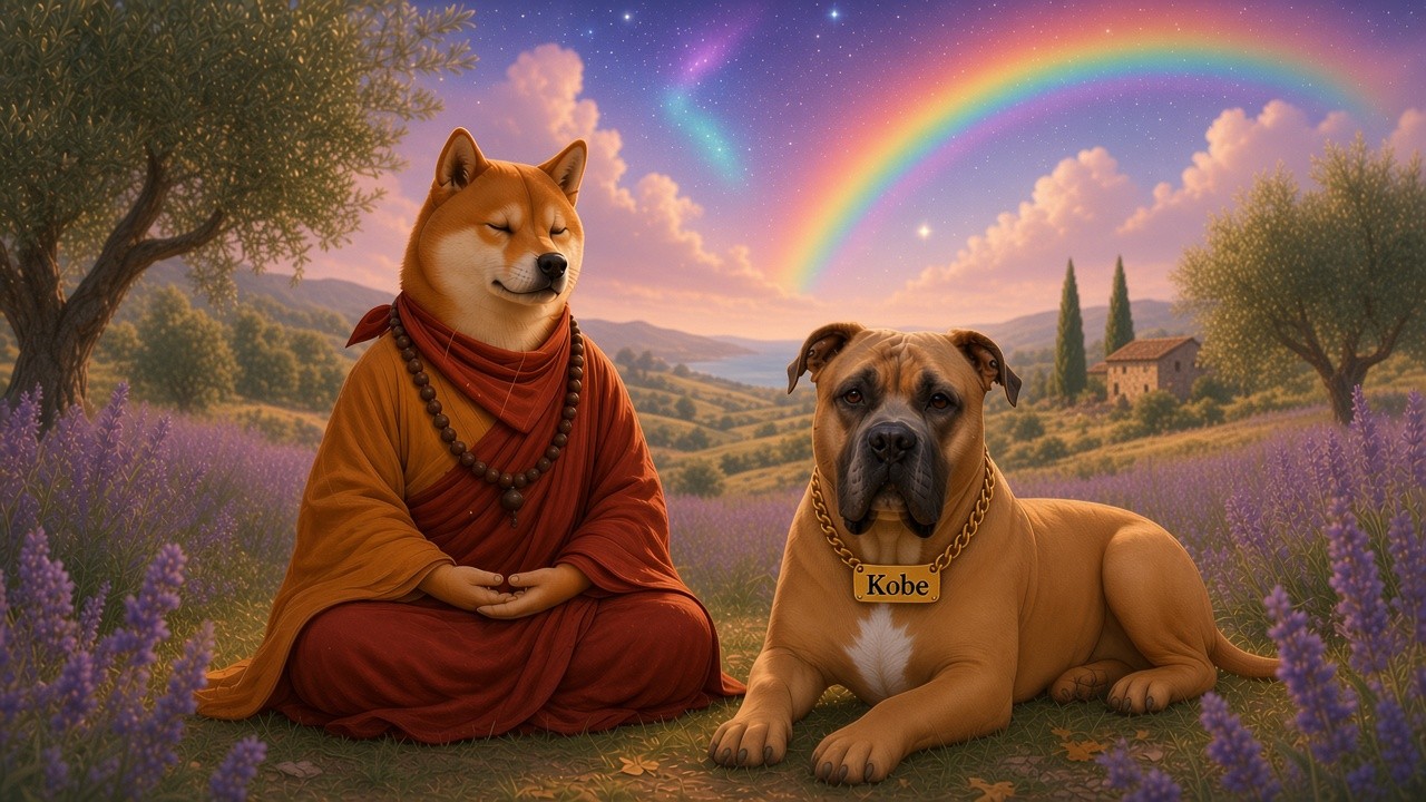 DogeDharma, con una tunica da monaco arancione e bordeaux e una sciarpa rossa, medita a occhi chiusi in un uliveto tra le colline toscane, accanto a Kobe con la sua medaglietta dorata, sotto un cielo cosmico attraversato da un arcobaleno.