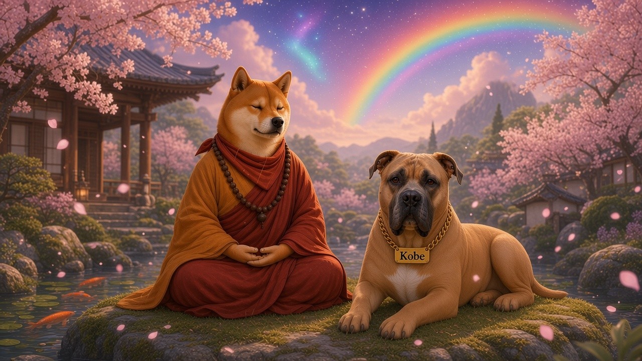 オレンジとえんじ色の僧衣に赤いスカーフと木の数珠を身につけたDogeDharmaが、桜の咲く日本庭園で目を閉じて瞑想しています。隣には胸元の白い模様と金色の「Kobe」の名札をつけたKobeが寄り添い、空には星と虹が広がっています。