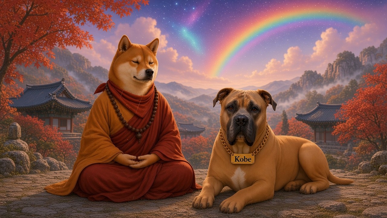 주황색과 적갈색 승복에 빨간 스카프를 두른 DogeDharma가 단풍이 물든 산사 마당에서 눈을 감고 명상하고 있고, 옆에는 가슴에 하얀 털이 있고 금색 이름표를 단 Kobe가 앉아 있어요. 하늘에는 별과 무지개가 떠 있어요.