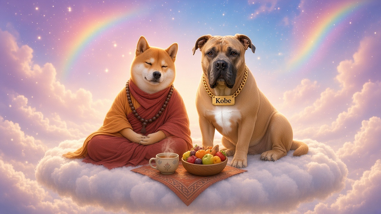 DogeDharma in an orange-and-maroon monk robe with a red scarf and wooden mala beads, and Kobe, with his white chest patch and gold Kobe nameplate, sitting calmly on a cloud bench beside a small picnic of tea and fruit under a dreamy midday sky of rainbows and soft stars.
