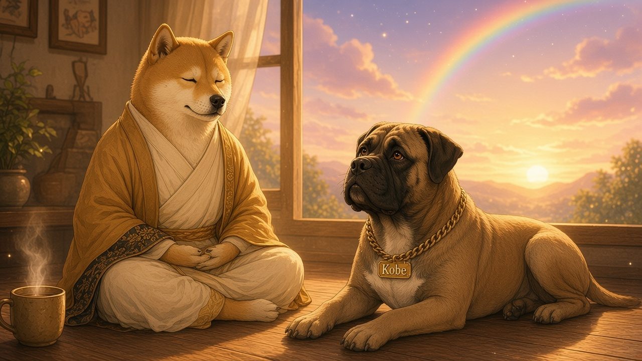 DogeDharma meditating by a sunrise window with Kobe resting in the morning light