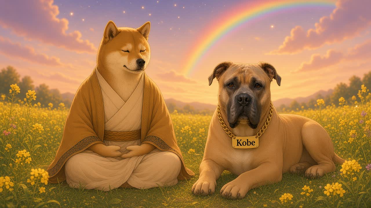 DogeDharma ਅਤੇ Kobe ਸਰ੍ਹੋਂ ਦੇ ਪੀਲੇ ਫੁੱਲਾਂ ਦੇ ਖੇਤ ਵਿੱਚ, ਰੰਗ-ਬਿਰੰਗੀ ਸ਼ਾਮ ਦੇ ਅਸਮਾਨ ਹੇਠ ਸ਼ਾਂਤੀ ਨਾਲ ਬੈਠੇ ਹੋਏ।