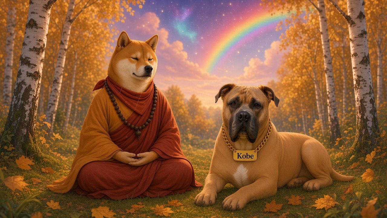DogeDharma w pomarańczowo-bordowej szacie mnicha medytuje na polanie wśród brzóz w złotej polskiej jesieni, obok Kobe ze złotą tabliczką z imieniem, pod kosmicznym niebem z tęczą i chmurami.