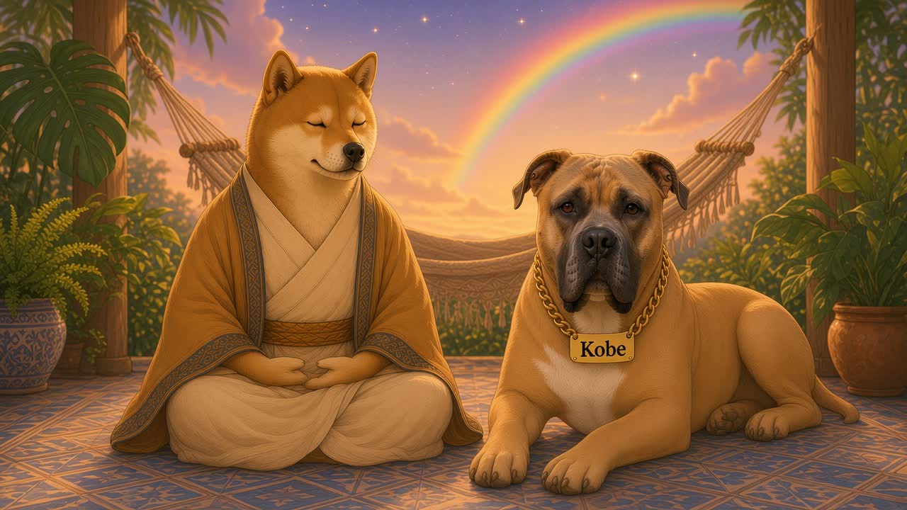 DogeDharma meditando e Kobe, com sua plaquinha dourada, descansando numa varanda brasileira com rede, plantas e um céu estrelado com arco-íris.