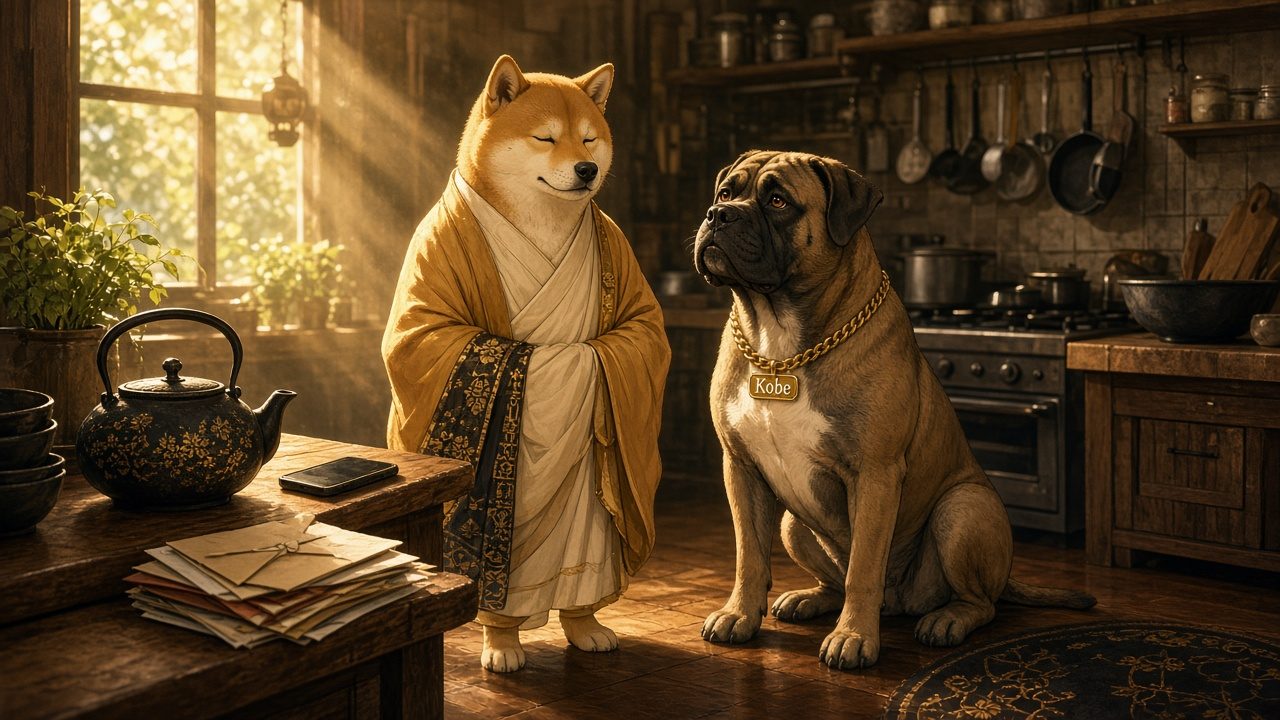Doge pauses with eyes closed in a sunny kitchen while Kobe sits calmly beside him.