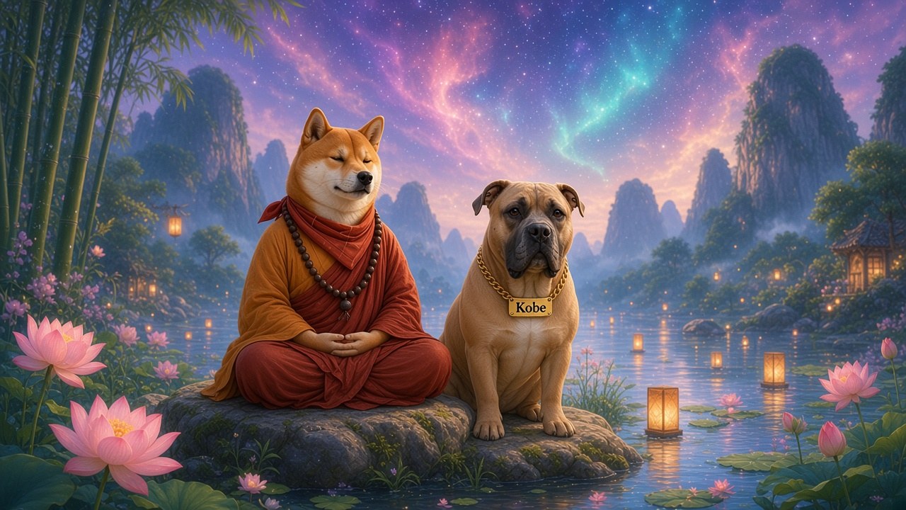 DogeDharma trong áo cà sa cam và đỏ sẫm, quàng khăn đỏ tươi, nhắm mắt ngồi thiền bên đầm sen cạnh dòng sông có đèn lồng và núi đá vôi mờ sương, bên cạnh Kobe với bảng tên vàng, dưới bầu trời vũ trụ rực rỡ sắc màu.