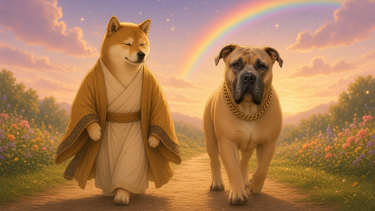 DogeDharma in a gold robe and Kobe walking slowly side by side on a calm flower-lined path under a dreamy pink and purple cosmic sky.