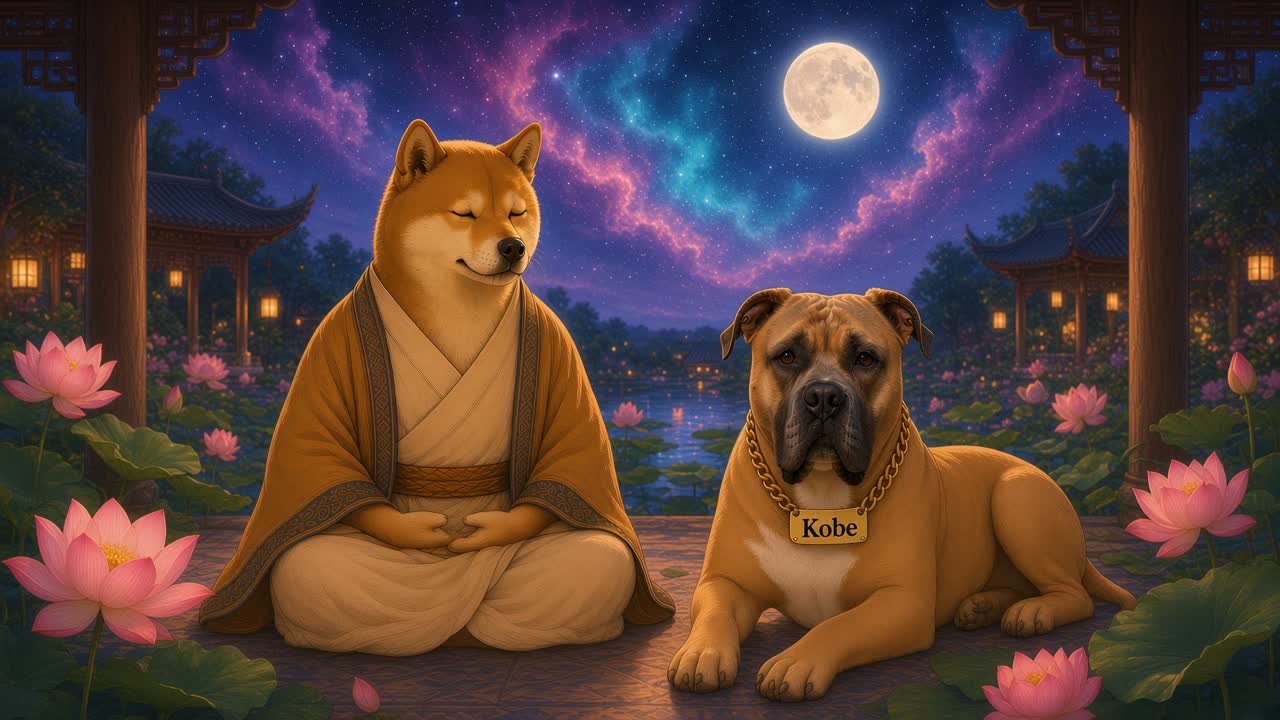 月光下的中式园林亭子里，DogeDharma在荷花池边安静冥想，Kobe趴在一旁，天空是梦幻的彩色星云。