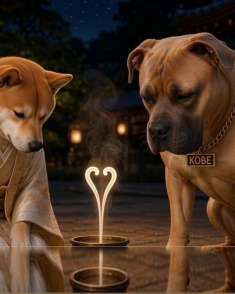 Doge and Kobe at the evening temple.