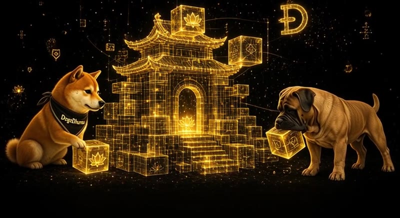 DogeDharma and Kobe building the House of Kindness temple with gold blocks.