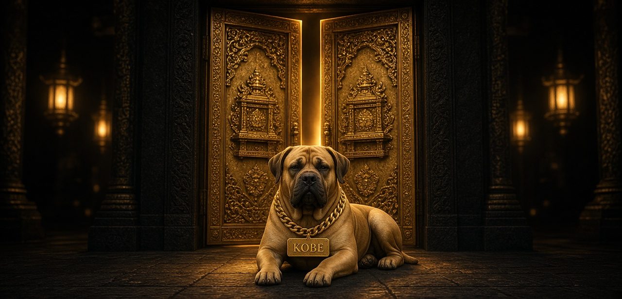 Kobe resting at the gold doors of the house. One door is slightly open, with warm light inside.